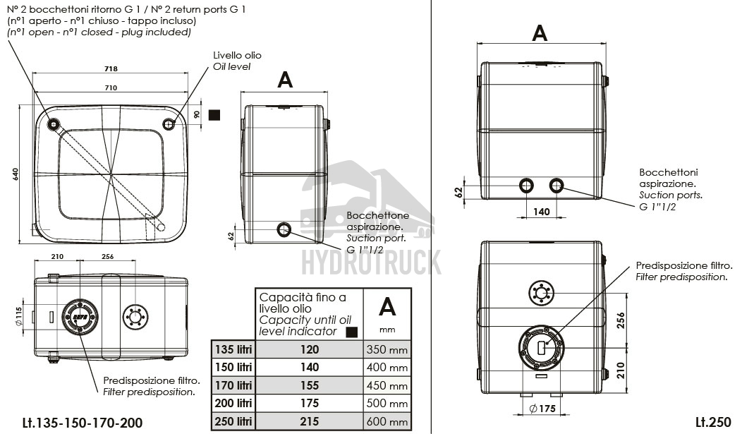 Hydraulická nádrž Diamond s bočními vstupy 150l 640x710x400mm lakovaná ocel 13591041504