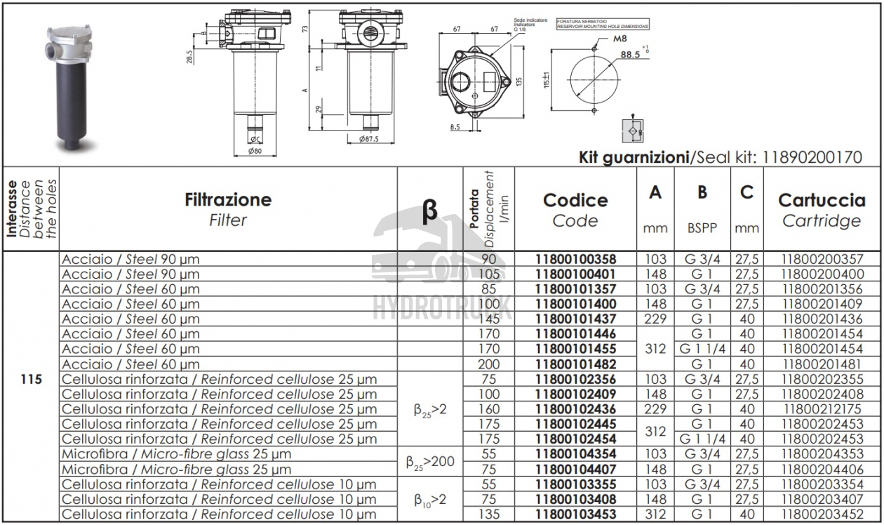 Hydraulický filtr s přírubou 115mm filtrační vložka zesílená celulóza 25µm 11800102409