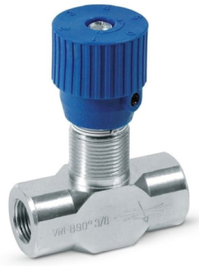 Škrtící ventil dvoucestný VRFB 90° 1/4", max 15l/min, 350Bar