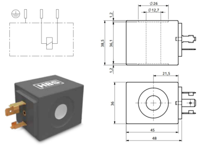 Cívka HBS průměr 12,7, L=36,1(38,5)mm, 20W, 26V DC EB1102620100