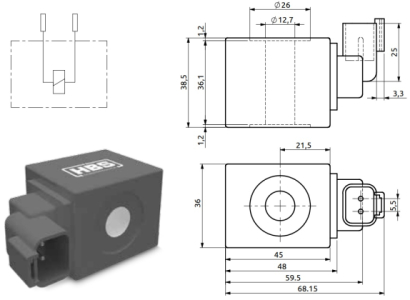 Cívka HBS průměr 12,7, L=36,1(38,5)mm, 20W, 26V DC EB1102620300