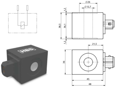 Cívka HBS průměr 12,7, L=36,1(38,5)mm, 20W, 12V DC  